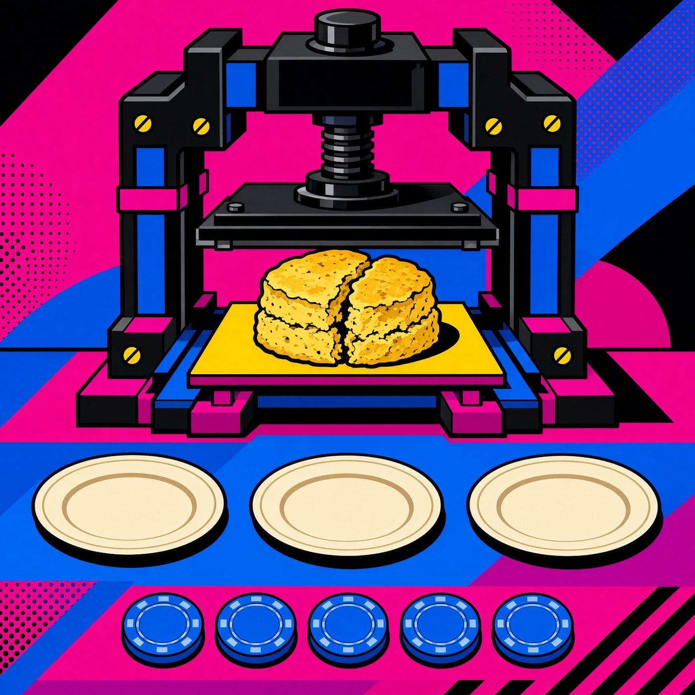 The press is open. Five chips, three plates, the scone waiting.